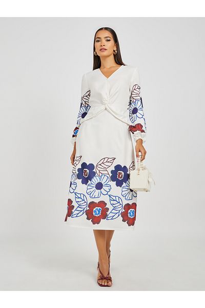 Styli Floral Print Balloon Sleeves A-Line Midi Dress