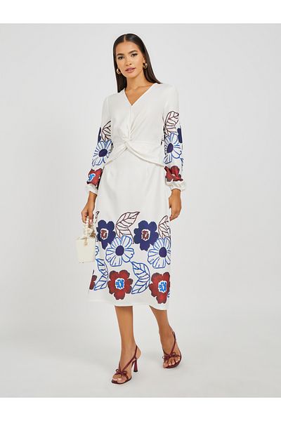 Styli Floral Print Balloon Sleeves A-Line Midi Dress