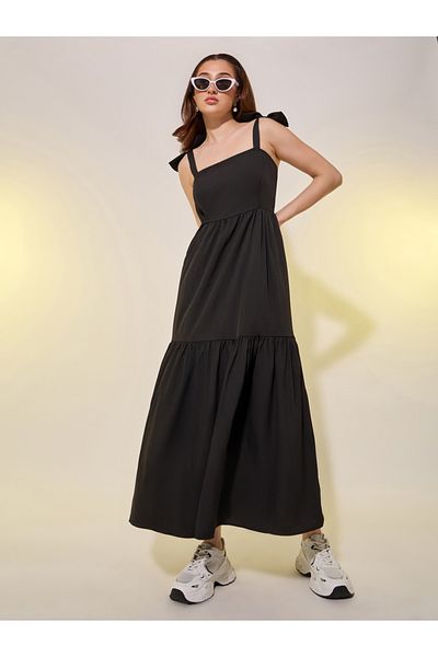 Styli Solid Strappy A-Line Midi Dress