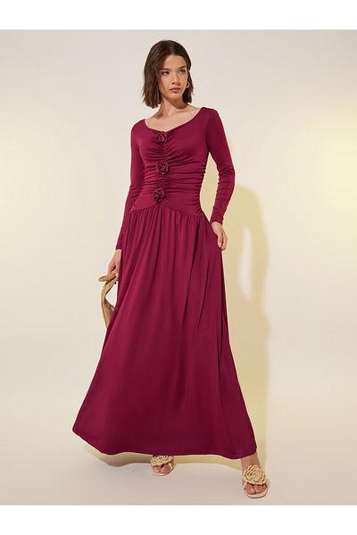 Styli Solid Ruched Square Neck A-Line Maxi Dress with Corsage Detail