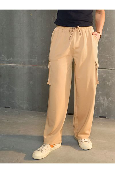 Sassafras By Styli Beige Solid Drawstring Waist Wide Leg Pants