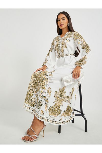 Keenly By Styli Floral Print V-Neck Balloon Sleeve Belted Maxi Dress