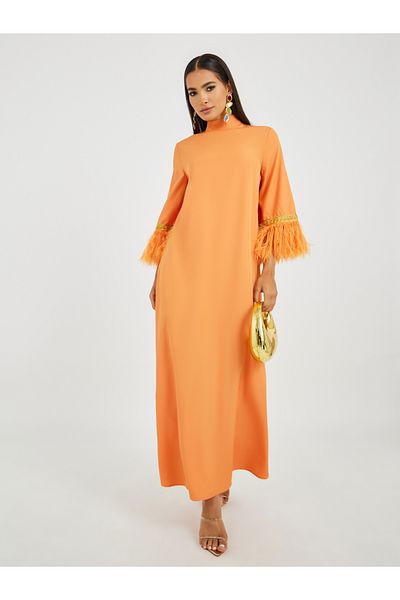 Styli Faux Feather Trim Jalabiya with Lace Detail