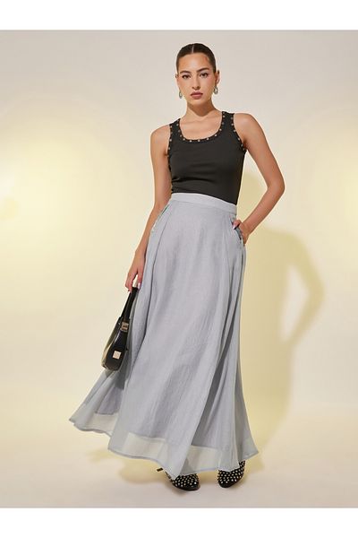 Styli Embellished Detail A-Line Maxi Skirt with Pockets