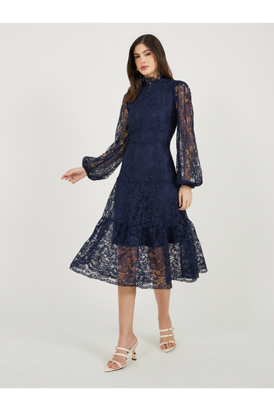 Styli Lace Insert Balloon Sleeves A-Line Midi Dress