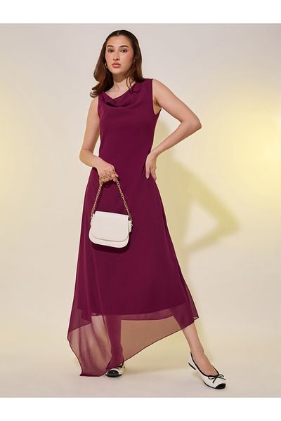 Styli Solid Cowl Neck A-Line Midi Dress