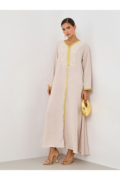 Styli Textured Embroidered A-Line Jalabiya with Lace Detail