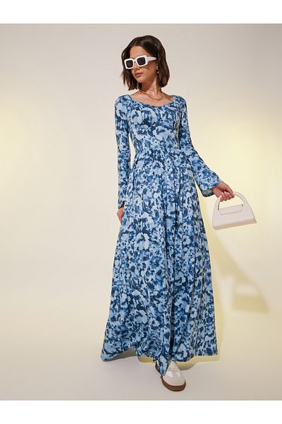 Styli Floral Print Long Sleeve A-Line Maxi Dress