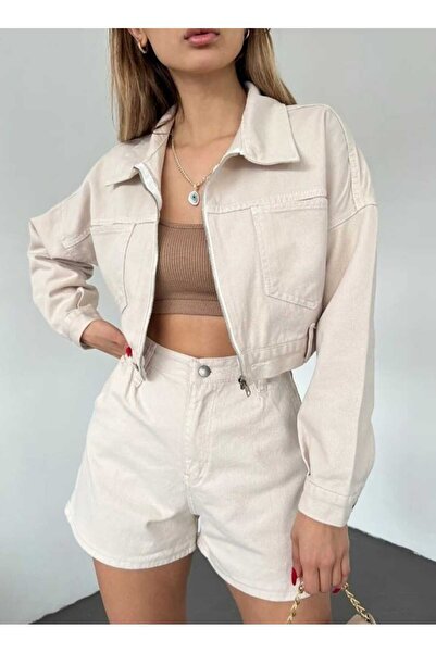 Zeliza Moda Evi Beige Women's Zipper Double Pocket Crop Denim Jacket with Clo...