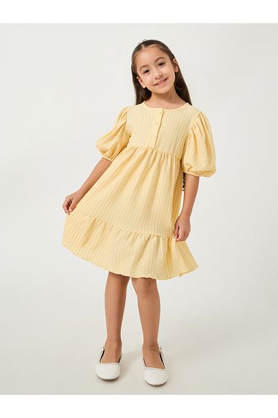 Styli Textured Puff Sleeves Dress with Half-Button Placket