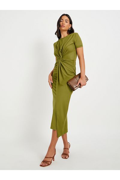 Styli Solid Front Knot Detail Bodycon Midi Dress