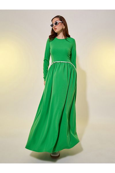 Styli Faux Pearl Trim Long Sleeve A-Line Maxi Dress
