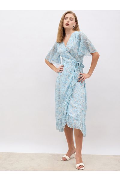 Styli Floral Print V Neck Wrap Midi Dress with Ruffle Hem