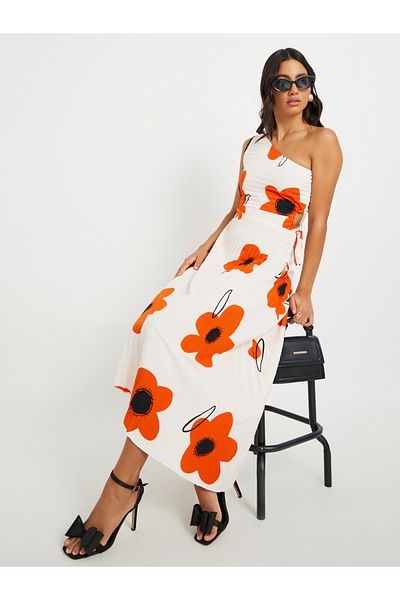 Styli Floral Print One Shoulder A-Line Midi Dress