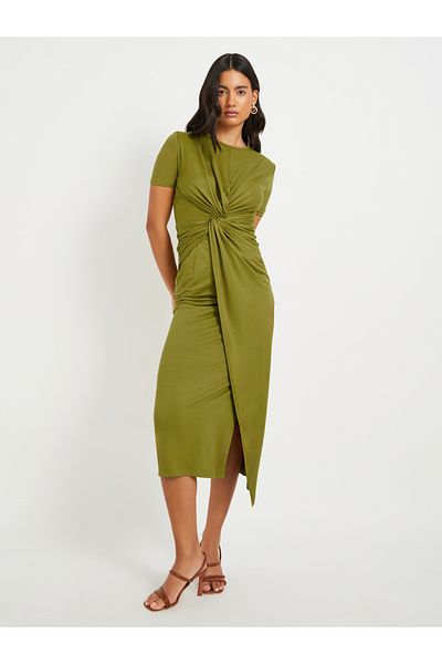 Styli Solid Front Knot Detail Bodycon Midi Dress