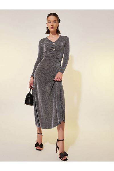 Styli Texture Embellished V-Neck Midi Dress