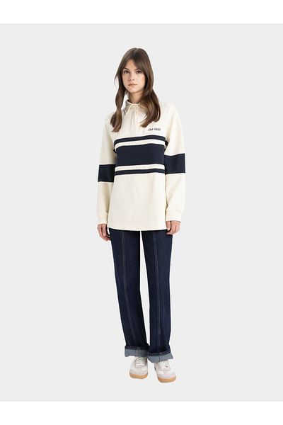 DeFacto Women Regular Fit Beige Striped Long Sleeve TShirt