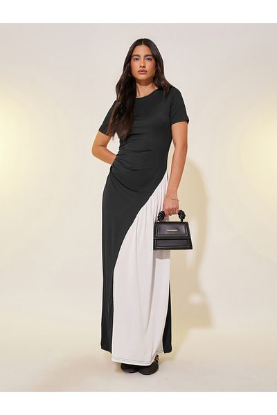 Styli Solid Two Tone Round Neck Maxi Dress