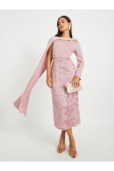 Keenly By Styli Embellished One Cape Sleeve Bodycon Midi Dress