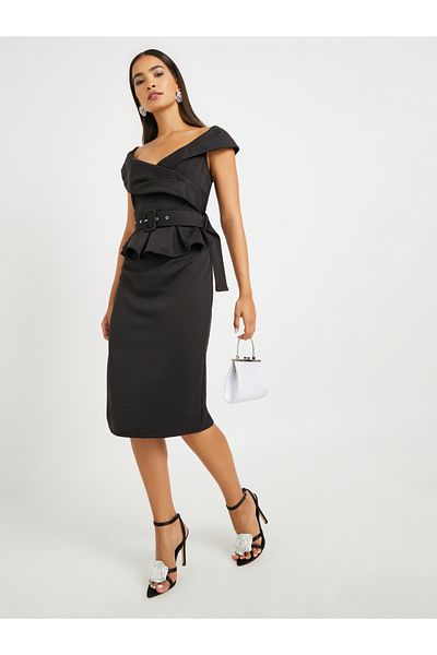 Styli Ruffle Detail Short Sleeves Sheath Midi Dress
