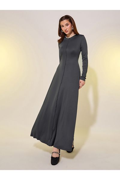 Styli Faux Pearl Detail Long Sleeves A-Line Maxi Dress