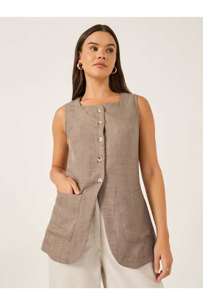 Styli سترة طويلة من الكتان العادي مع حاشية منحنية