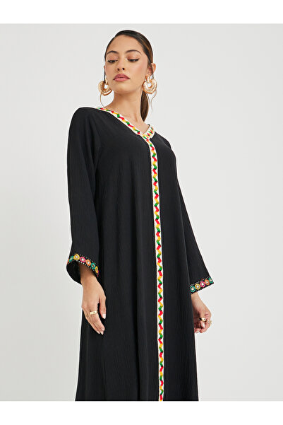 Styli Mirror Work Lace Trim V Neck Jalabiya