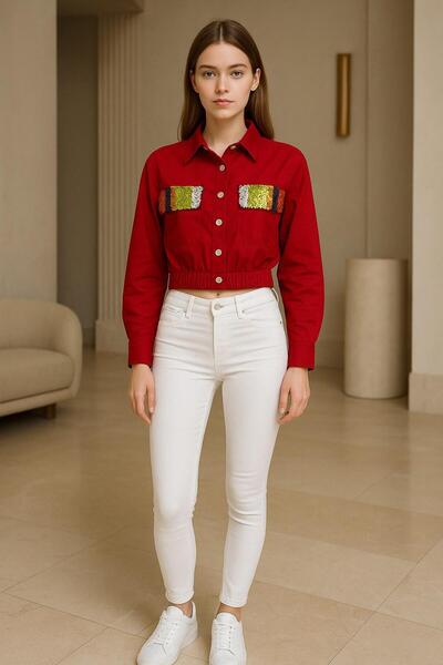 VENTİUP Ventiup Kadın Kırmızı Renkli Payet Cepli Düğmeli Crop Gömlek