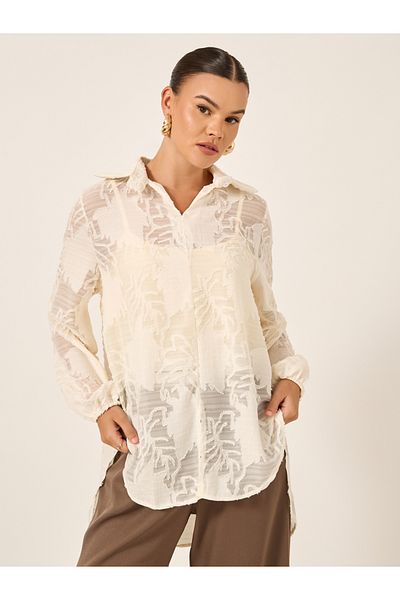 Styli Floral Burn Out Textured Spread Collar Shirt