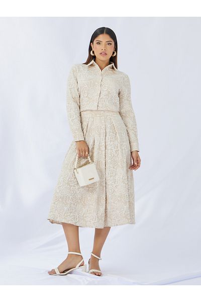 Styli Jaquard Box Pleated A-Line Midi Skirt