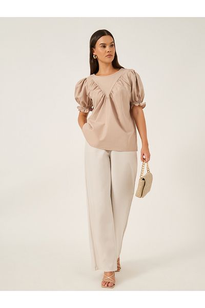 Styli Solid Puff Sleeves Top with Smocked Cuffs