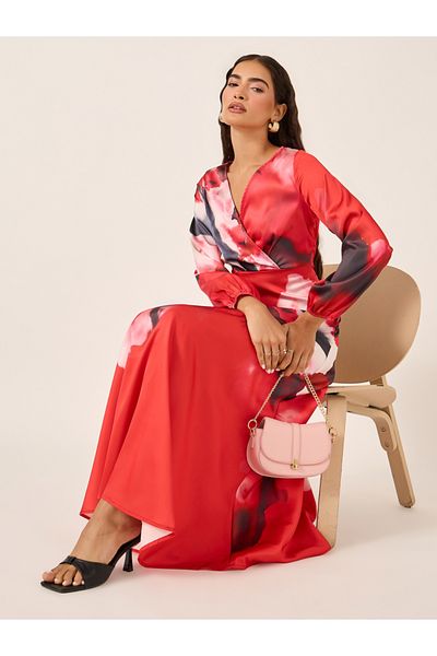 Styli Abstract Print Cuffed Sleeves A-Line Maxi Dress