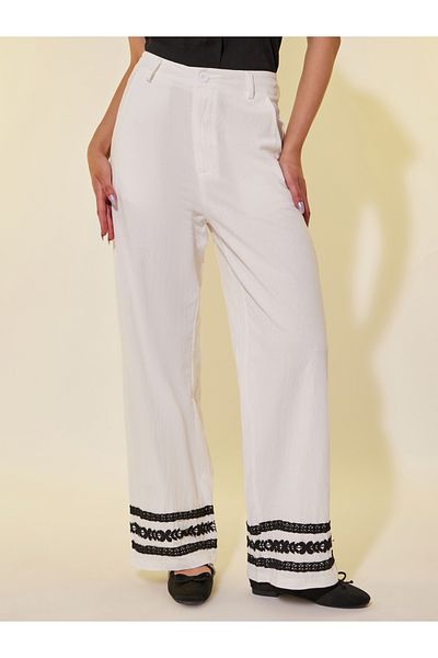 Styli Contrast Lace Trim Wide Leg Pants with Belt Loops