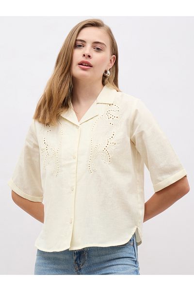 Styli Schiffli Notch Lapel Short Sleeve Regular Fit Shirt