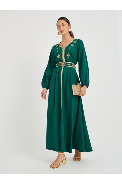 Styli Embellished Balloon Sleeve V Neck Belted Kaftan