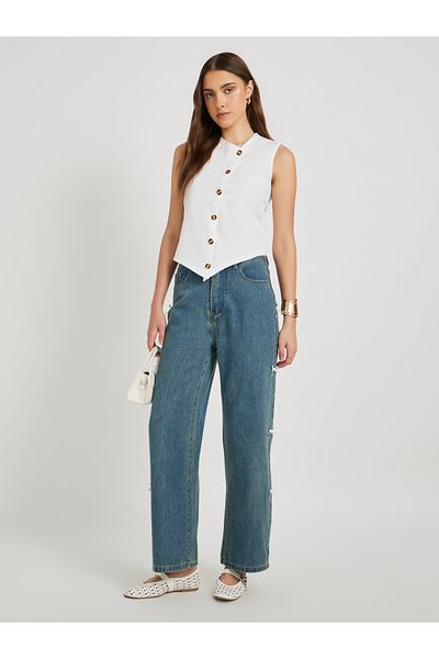 Styli Solid Sleeveless Top with Button Detail