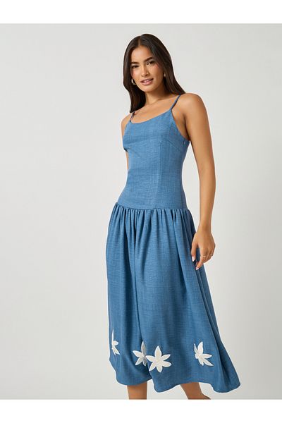 Styli Flower Applique Strappy A-Line Midi Dress