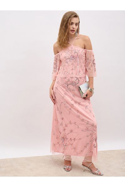 Styli Embellished Halter Neck Cape Sleeve Mermaid Maxi Dress