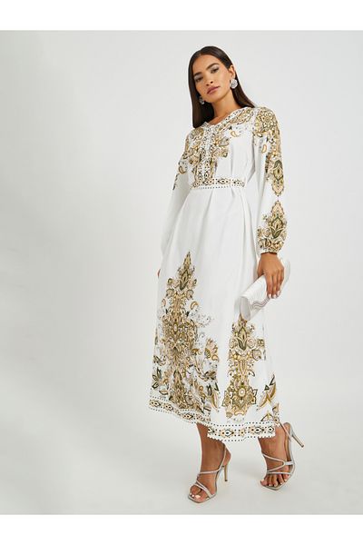 Keenly By Styli Floral Print V-Neck Balloon Sleeve Belted Maxi Dress