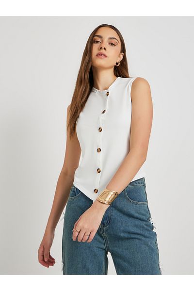 Styli Solid Sleeveless Top with Button Detail
