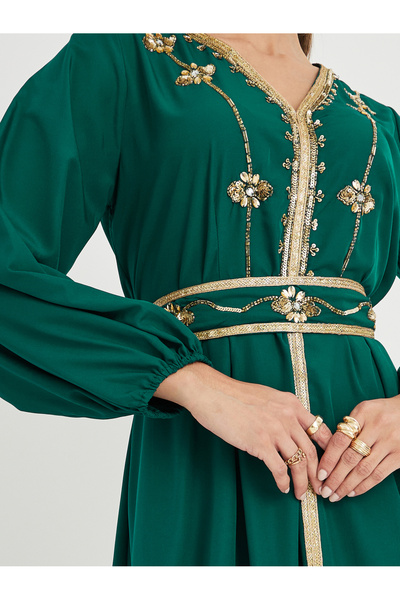 Styli Embellished Balloon Sleeve V Neck Belted Kaftan