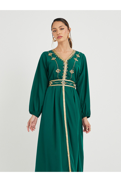 Styli Embellished Balloon Sleeve V Neck Belted Kaftan