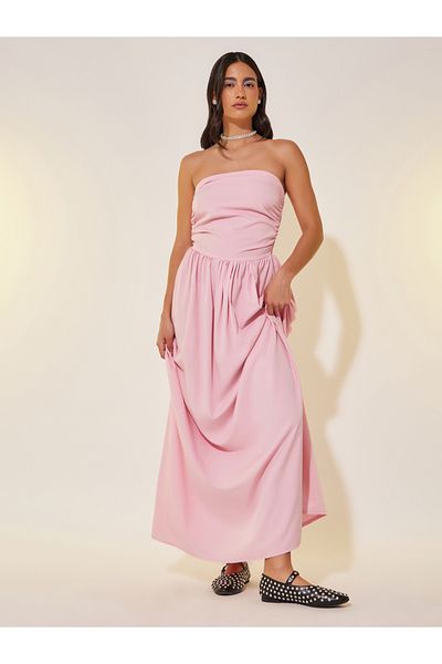 Styli Solid Bandeau Neck A-Line Midi Dress