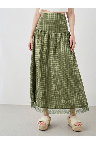 Styli Checked Lace Hem A-Line Maxi Skirt