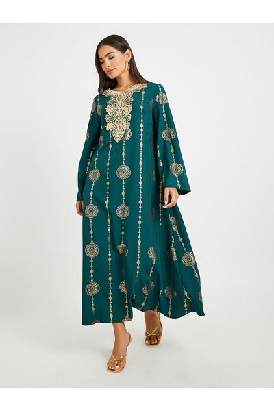 Keenly By Styli Printed Lace Detail Long Sleeve A-Line Jalabiya