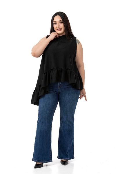 DISENTIS MODEST Large Size Asymmetrical Cut Skirt Ruffled Half Standing Collar Black Blouse