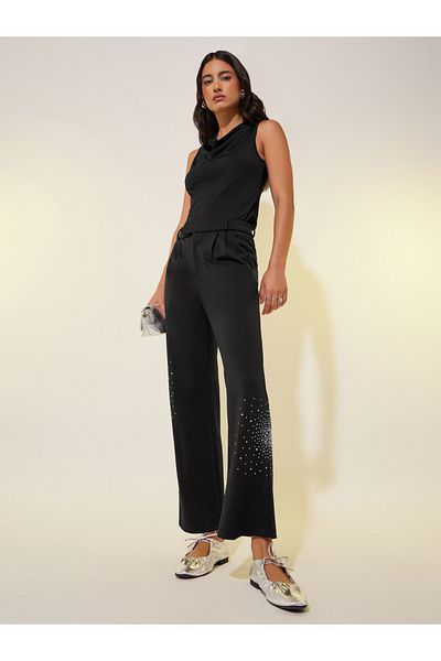 Styli Black Rhinestone Embellished Pleated Wide Leg Pants