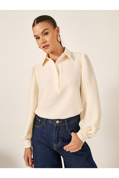Styli Textured Balloon Sleeve Spread Collar Shirt