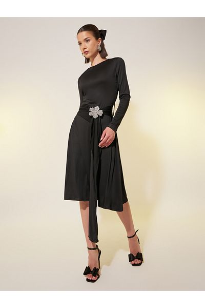 Styli Solid Long Sleeves Embellished Knee-Length Dress