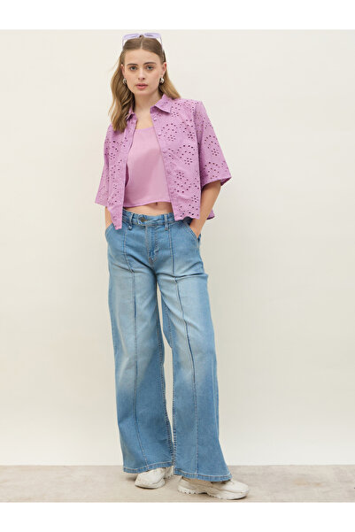 Styli Schiffli Short Sleeve Shirt with Scallop Hem